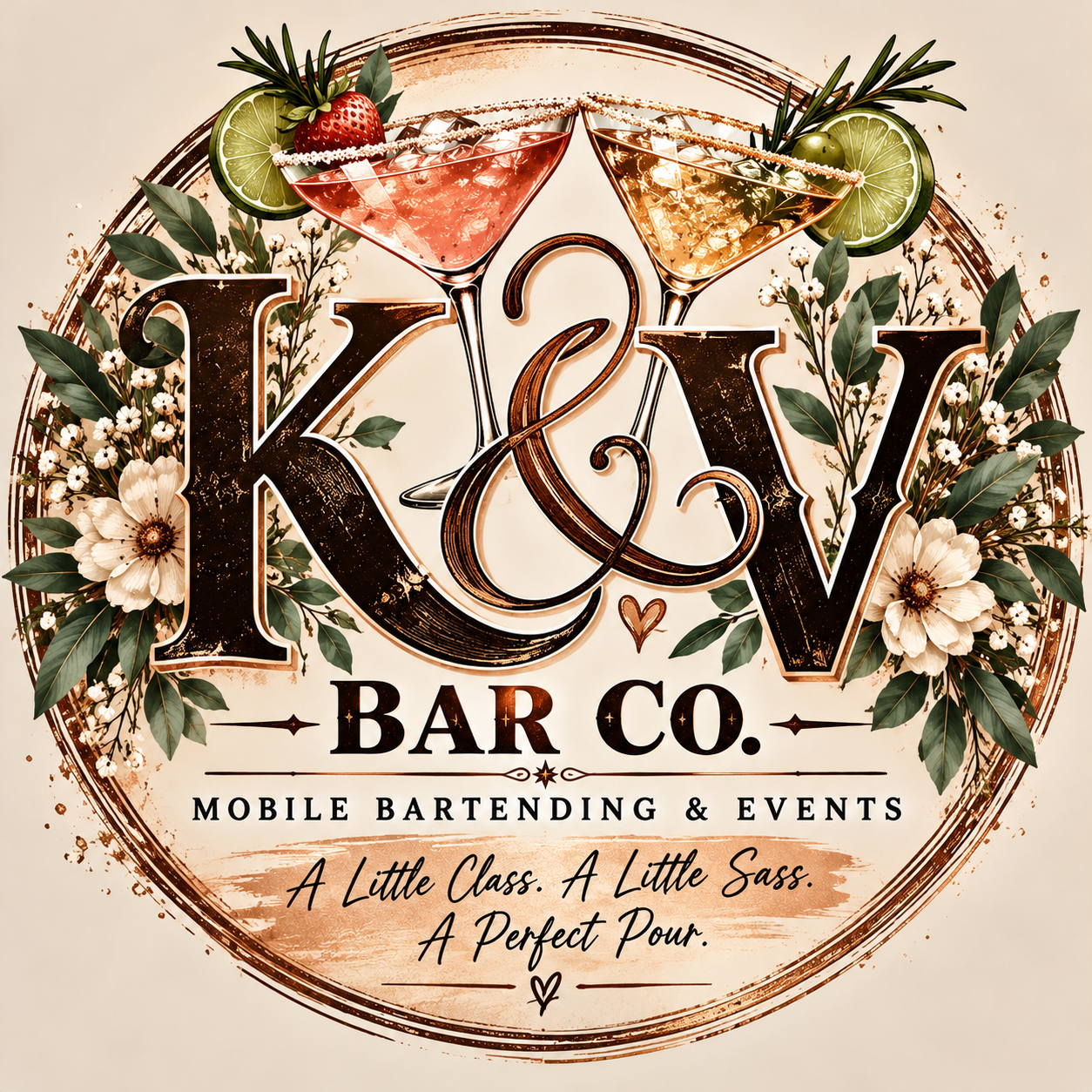 K&V Bar Co. rustic copper and botanical logo with two cocktails